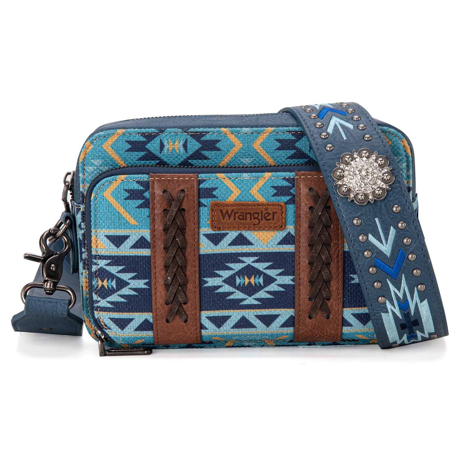 WG2207-3003 Wrangler Aztec Printed Crossbody Purse With Wallet Compartment Navy