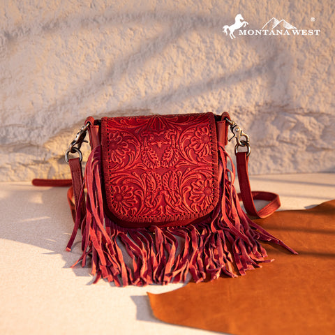 RLC-L187 Montana West Genuine Leather Tooled Fringe Crossbody - Red