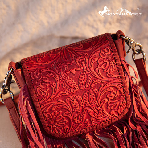 RLC-L187 Montana West Genuine Leather Tooled Fringe Crossbody - Red