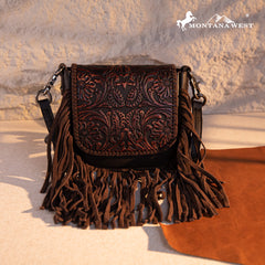 RLC-L187 Montana West Genuine Leather Tooled Fringe Crossbody - Coffee