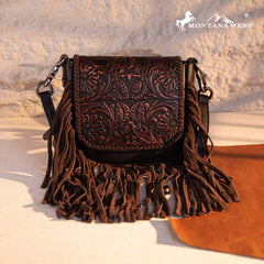 RLC-L187 Montana West Genuine Leather Tooled Fringe Crossbody - Coffee