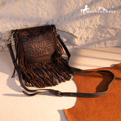 RLC-L187 Montana West Genuine Leather Tooled Fringe Crossbody - Coffee