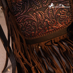 RLC-L187 Montana West Genuine Leather Tooled Fringe Crossbody - Coffee