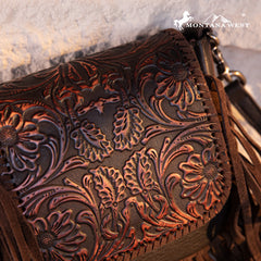 RLC-L187 Montana West Genuine Leather Tooled Fringe Crossbody - Coffee