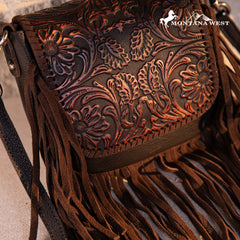 RLC-L187 Montana West Genuine Leather Tooled Fringe Crossbody - Coffee