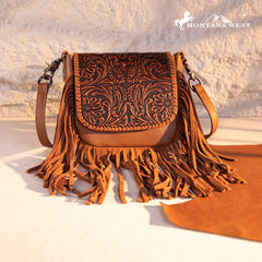 RLC-L187 Montana West Genuine Leather Tooled Fringe Crossbody - Brown