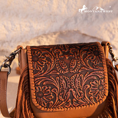 RLC-L187 Montana West Genuine Leather Tooled Fringe Crossbody - Brown