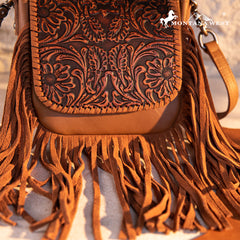 RLC-L187 Montana West Genuine Leather Tooled Fringe Crossbody - Brown