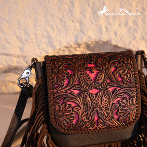 RLC-L188 Montana West Genuine Leather Tooled Fringe Crossbody