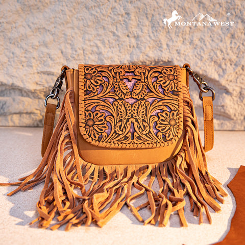 RLC-L188 Montana West Genuine Leather Tooled Fringe Crossbody