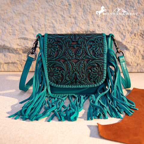 RLC-L187 Montana West Genuine Leather Tooled Fringe Crossbody - Turquoise