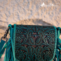 RLC-L187 Montana West Genuine Leather Tooled Fringe Crossbody - Turquoise