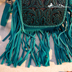 RLC-L187 Montana West Genuine Leather Tooled Fringe Crossbody - Turquoise