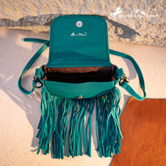 RLC-L187 Montana West Genuine Leather Tooled Fringe Crossbody - Turquoise