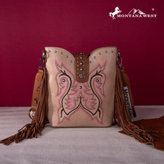 MW1247-9360  Montana West Embroidered Fringe Collection Boot Purse Crossbody