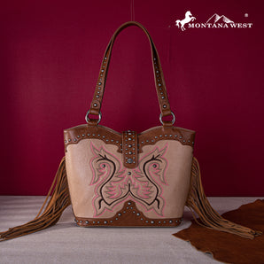 MW1247G-8317 Montana West Embroidered Fringe Collection Concealed Carry Boot Purse Tote