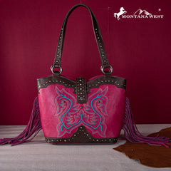 MW1247G-8317  Montana West Embroidered Fringe Collection Concealed Carry Boot Purse Tote