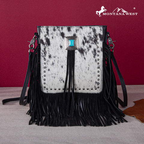 MWR-063 Montana West Genuine Leather Hair-On Cowhide Fringe Bohemian Crossbody - Black