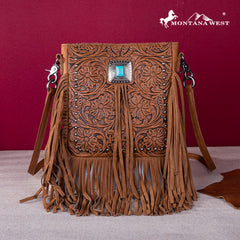 MWR-062 Montana West Genuine Leather Tooled Silver Turquoise Concho Fringe Crossbody - Brown