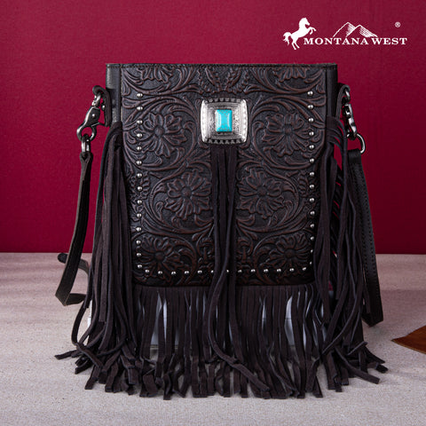 MWR-062 Montana West Genuine Leather Tooled Silver Turquoise Concho Fringe Crossbody - Coffee