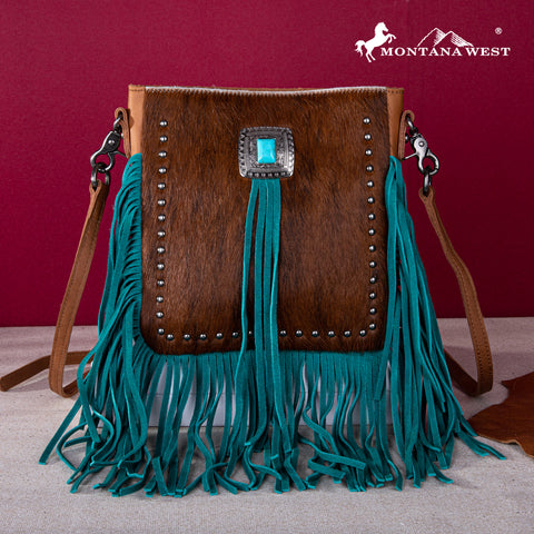 MWR-063 Montana West Genuine Leather Hair-On Cowhide Fringe Bohemian Crossbody - Turquoise