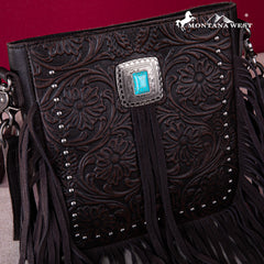 MWR-062 Montana West Genuine Leather Tooled Silver Turquoise Concho Fringe Crossbody - Coffee