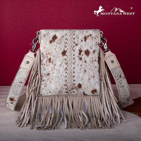 RLC-L186 Montana West Genuine Leather Hair-On  Fringe Crossbody with Detailed Leather Strap-Tan