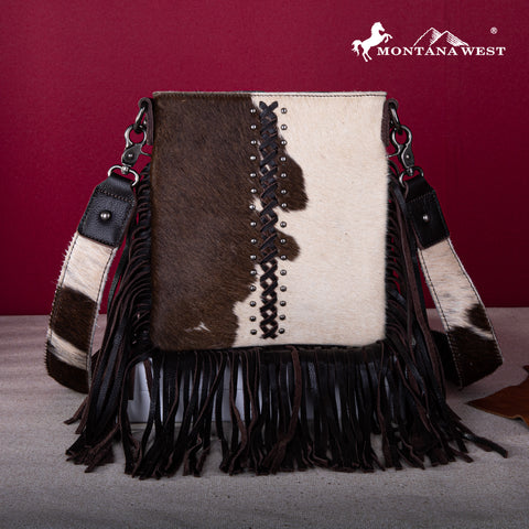 RLC-L186 Montana West Genuine Leather Hair-On  Fringe Crossbody with Detailed Leather Strap-Coffee