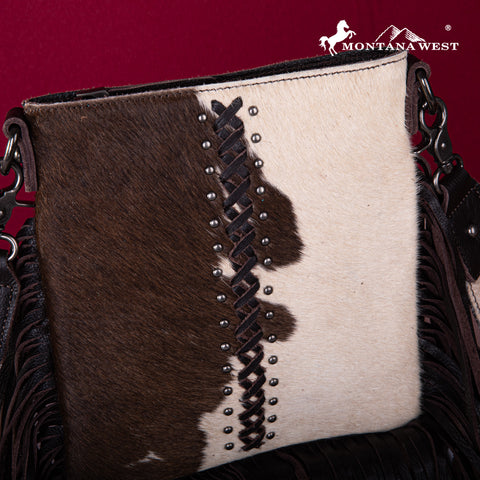 RLC-L186 Montana West Genuine Leather Hair-On  Fringe Crossbody with Detailed Leather Strap-Coffee