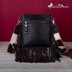 RLC-L186 Montana West Genuine Leather Hair-On  Fringe Crossbody with Detailed Leather Strap-Coffee