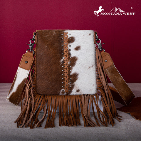 RLC-L186 Montana West Genuine Leather Hair-On  Fringe Crossbody with Detailed Leather Strap-Brown