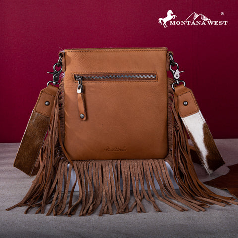 RLC-L186 Montana West Genuine Leather Hair-On  Fringe Crossbody with Detailed Leather Strap-Brown