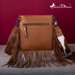 RLC-L186 Montana West Genuine Leather Hair-On  Fringe Crossbody with Detailed Leather Strap-Brown