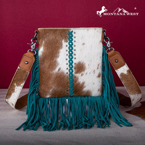 RLC-L186 Montana West Genuine Leather Hair-On  Fringe Crossbody with Detailed Leather Strap-Turquoise