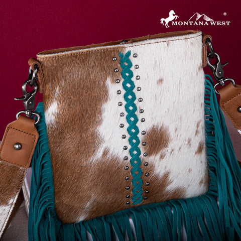 RLC-L186 Montana West Genuine Leather Hair-On  Fringe Crossbody with Detailed Leather Strap-Turquoise