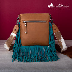 RLC-L186 Montana West Genuine Leather Hair-On  Fringe Crossbody with Detailed Leather Strap-Turquoise