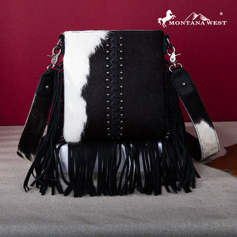 RLC-L186 Montana West Genuine Leather Hair-On  Fringe Crossbody with Detailed Leather Strap-Black