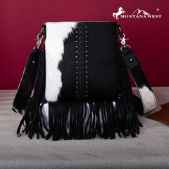 RLC-L186 Montana West Genuine Leather Hair-On  Fringe Crossbody with Detailed Leather Strap-Black