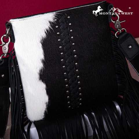 RLC-L186 Montana West Genuine Leather Hair-On  Fringe Crossbody with Detailed Leather Strap-Black