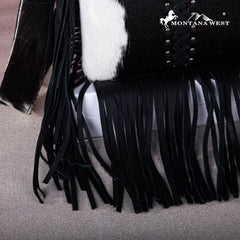 RLC-L186 Montana West Genuine Leather Hair-On  Fringe Crossbody with Detailed Leather Strap-Black