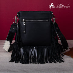 RLC-L186 Montana West Genuine Leather Hair-On  Fringe Crossbody with Detailed Leather Strap-Black