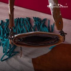 RLC-L186 Montana West Genuine Leather Hair-On  Fringe Crossbody with Detailed Leather Strap-Turquoise