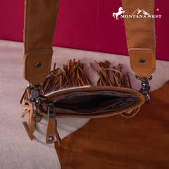 RLC-L186 Montana West Genuine Leather Hair-On  Fringe Crossbody with Detailed Leather Strap-Brown