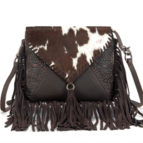 MWR-064 Montana West Genuine Leather Hair-On Cowhide Fringe Bohemian Crossbody - Coffee