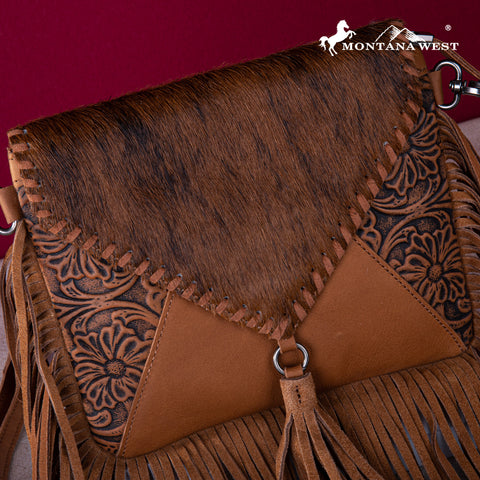 MWR-064 Montana West Genuine Leather Hair-On Cowhide Fringe Bohemian Crossbody - Brown