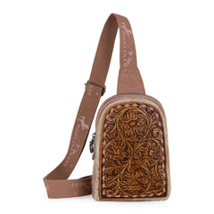 MW1324G-2101 Montana West Floral Tooled Genuine Cowhide Hair-On Trimmed Sling Bag - Pink