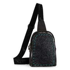 MW1324G-2101 Montana West Floral Tooled Genuine Cowhide Hair-On Trimmed Sling Bag - Black