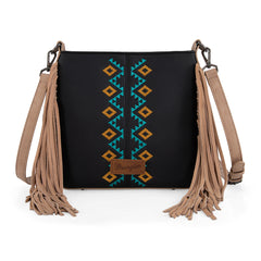 WG233-8360  Wrangler Aztec Embroidered Fringe Crossbody - Black