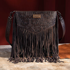 WG63-G9360 Wrangler Vintage Floral Embossed Fringe Concealed Carry Oversize Crossbody/Shoulder Bag - Coffee