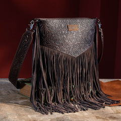 WG63-G9360 Wrangler Vintage Floral Embossed Fringe Concealed Carry Oversize Crossbody/Shoulder Bag - Coffee